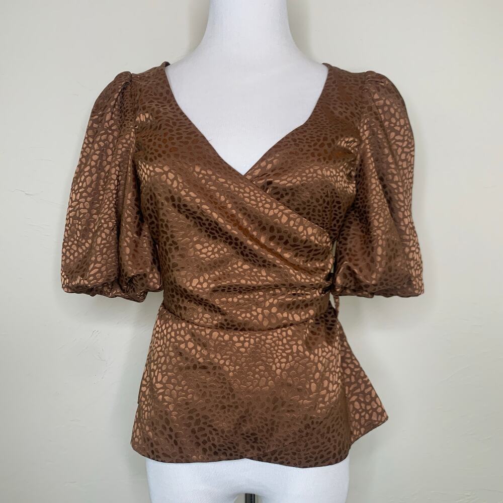 Lulu's Brown Satin Peplum Wrap Top Sz XS